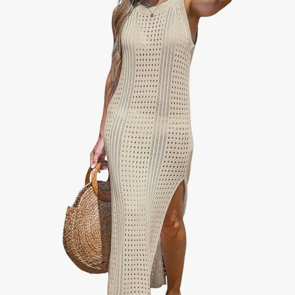 Beige Sleeveless Crochet Maxi Dress